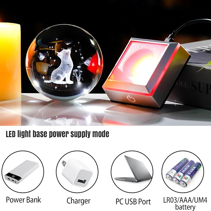 Ornalrist Cat Gifts for Women, Mom - 3D Crystal Ball 3.15'' Engraved Cat Butterfly and Carnation with LED Light Base - Cat Lovers Figurine Collection for Home Decor