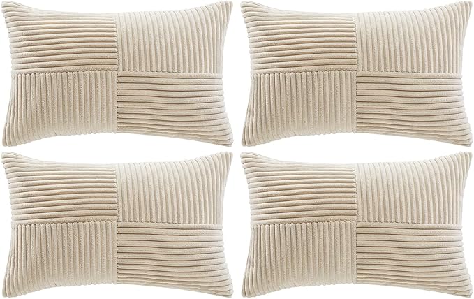Fancy Homi 4 Packs Tan Lumbar Decorative Throw Pillow Covers 12x20 Inch for Living Room Couch Bed Sofa, Boho Home Decor, Soft Striped Corduroy Rectangle Accent Beige Cushion Case 30x50 cm