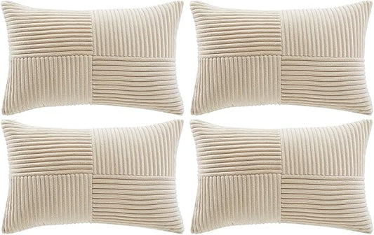 Fancy Homi 4 Packs Tan Lumbar Decorative Throw Pillow Covers 12x20 Inch for Living Room Couch Bed Sofa, Boho Home Decor, Soft Striped Corduroy Rectangle Accent Beige Cushion Case 30x50 cm