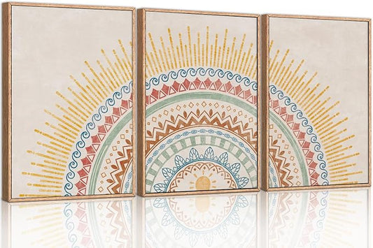 HPINUB Boho Sun Framed Canvas Wall Art Set, Mid-Century Modern Wall Decor, Minimalism Bohemian Wall Painting, Abstract Geometric Pattern Art Print for Living Room, Bedroom, Office - 24"x36"x3