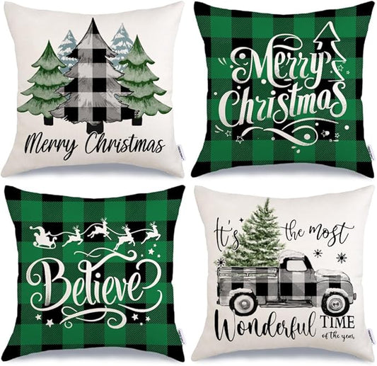 GEEORY Merry Christmas Throw Pillow Covers 20x20 Inch Set of 4, Xmas Trees Truck Green Buffalo Plaid Believe Farmhouse Decorative Cushion Cases for Home Decoration G595-20