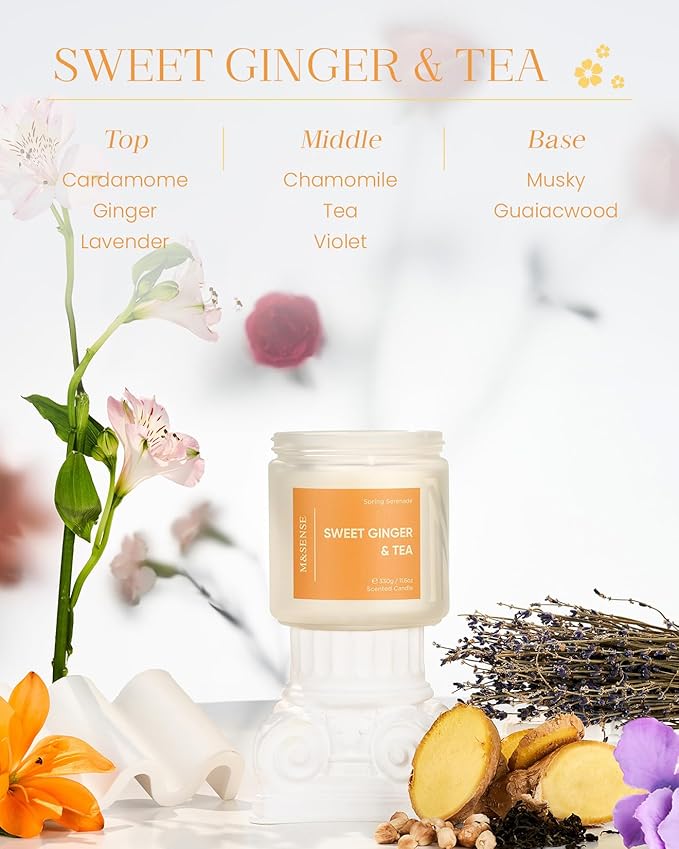 M&SENSE Sweet Ginger Tea Scented Candle - 11.6oz Natural Soy Non Toxic Candle 70-Hour Burn Time, 2 Wick Aromatherapy Housewarming Gifts for Home Decor & Women Men