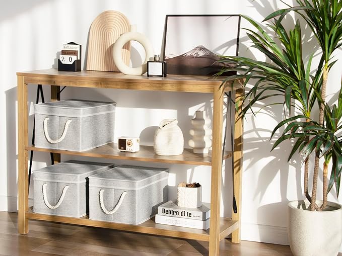 StorageWorks Storage Bins with Lids, Decorative Storage Boxes with Lid and Soft Rope Handles, Foldable Storage Baskets for Closet, Shelves, Stackable, 3-Pack, Gray, Large