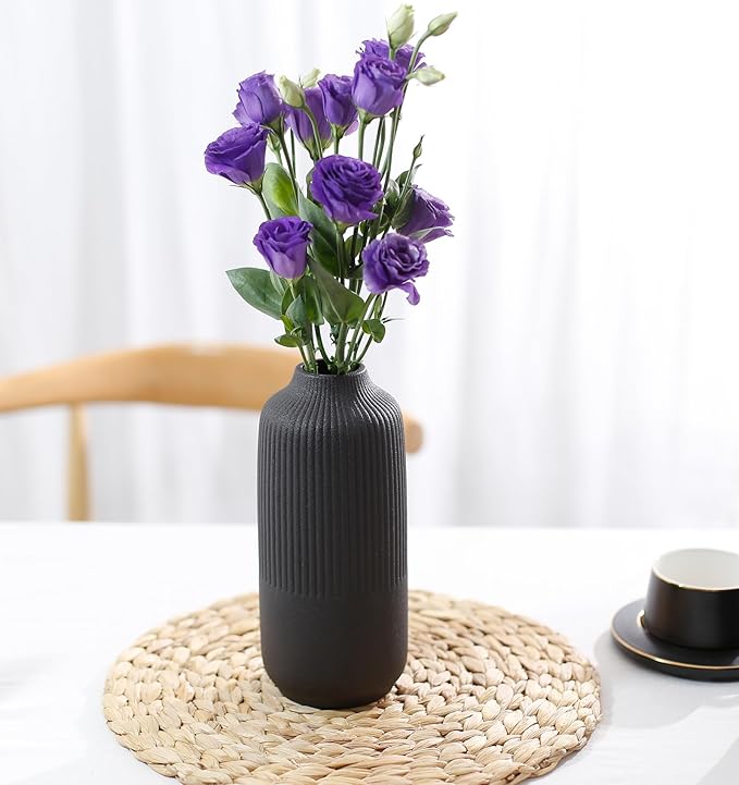 Black Ceramic Vase Set of 2, Modern Decor, Neutral Vases for Home Decor Boho Decor, Vases for Kitchen, Bedroom, Office, Living Room & Bathroom, Shelf Decor, Centerpiece Table,Mantel (Matt Black)