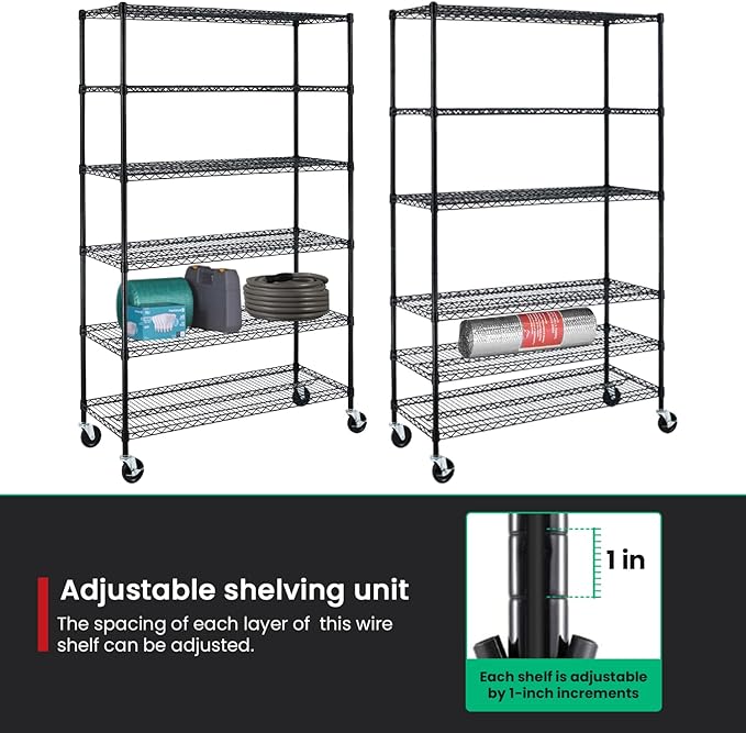 PayLessHere | 6-Tier Wire Shelf with Wheels | 48"x18"x76" | Black | Adjustable Racks | Heavy-Duty Storage Shelves, Holds Upto 600 lbs | Rust-Resistant, No-Tool Assembly | for Home, Garage Shelving