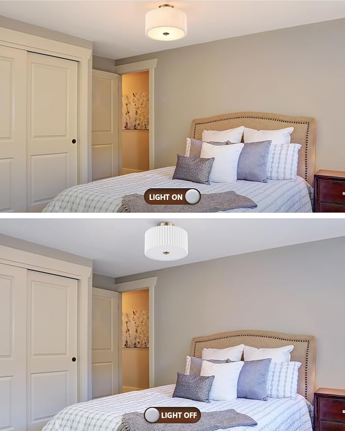 VONLUCE Semi Flush Mount Ceiling Light, 12.2'' Ceiling Light Fixture with Pleated Shade, 2-Light Modern Drum Light Fixture for Bedroom Living Room Entryway Hallway, White Shade & Bronze Finish