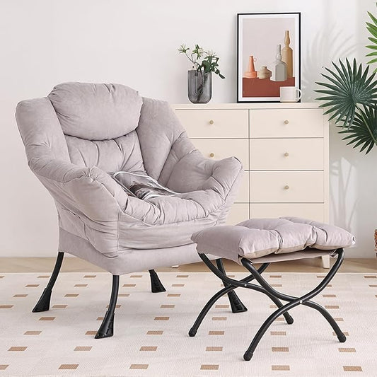 Lazy Chair with Ottoman, Modern Chair with Folding Footrest, Lounge Accent Chair, Comfortable Reading Chair, Oversized Armchairs for Bedroom, Study, Living Room, Courtyard (Light Grey)