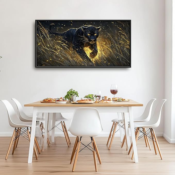 Flintis Large Black Leopard Framed Wall Art Leopard Pictures Wall Decor Abstract Animal Portrait Canvas Painting Print Artworks Decor Framed for Living Room Bathroom Master Bedroom Office 60L X 30W