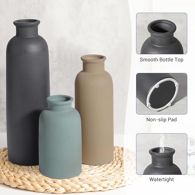 Small Ceramic Vase Set of 3, Boho Modern Flower Vase Room Decor, Farmhouse Decor, Vases for Your Kitchen, Bathroom, Bedroom, Living Room, Office&Shelf Centerpiece Table Decorations Multicolor