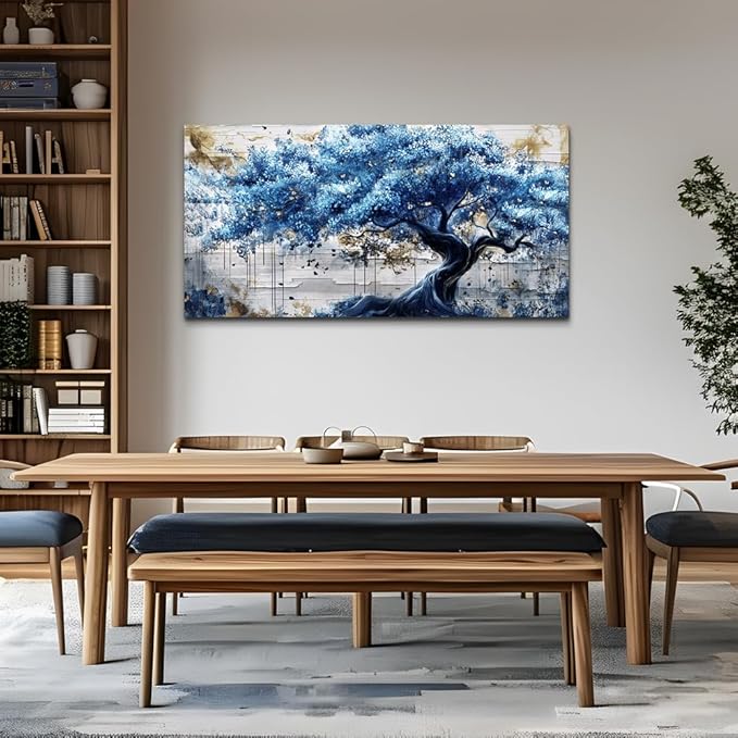 ERQINHUA Canvas Wall Art For Living Room Large Wall Decor For Bedroom Office Decor Blue Tree Wall Paintings Farmhouse Abstract Watercolour Pictures Artwork Home Decor Ready To Hang Posters 24"X48"