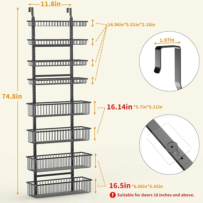 Moforoco Over The Door Pantry Organizer, Pantry Door Organizer Shelves, Kitchen Organizers and Storage, Hanging Basket Wall Spice Rack Seasoning Shelves, Laundry Room Bathroom accessories（Black