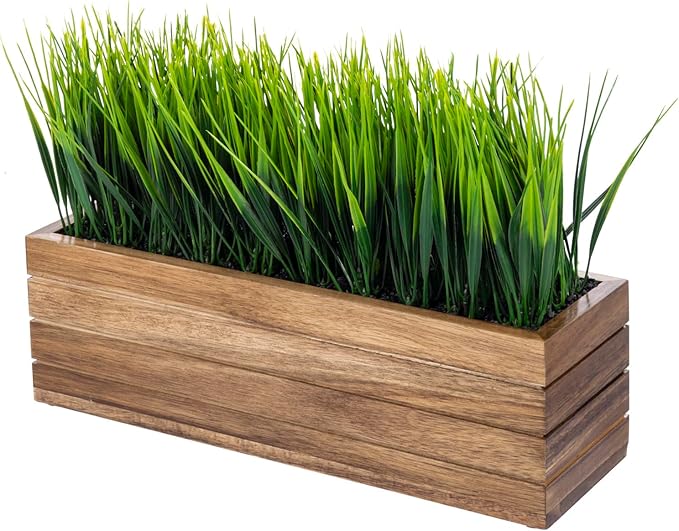 MyGift 14 Inch Artificial Green Grass Plant in Solid Acacia Wood Planter Window Box, Faux Greenery in Decorative Rectangular Crate Style Wooden Container