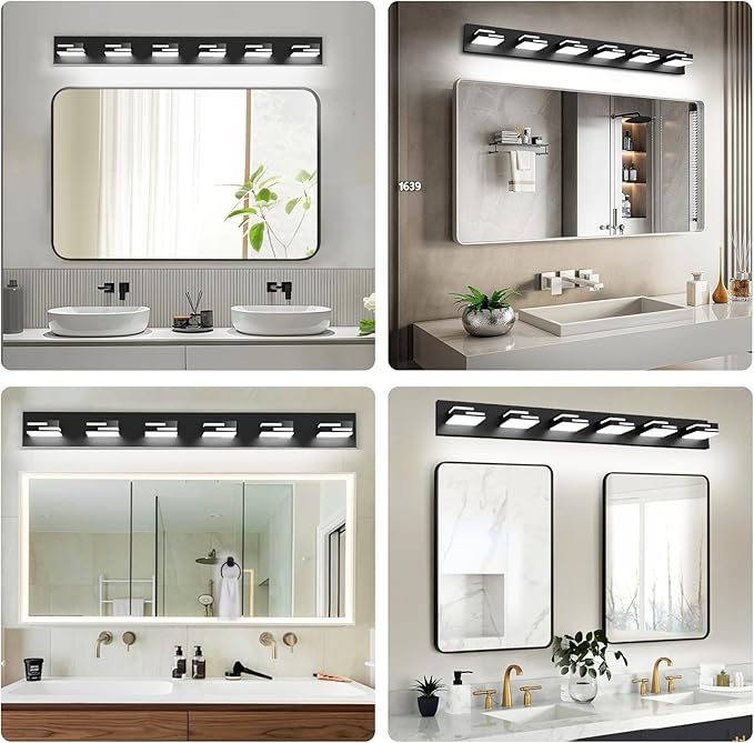 LED Modern Bathroom Vanity Light Fixtures, 6-Light 40-inch Dimmable Matte Black Vanity Lights for Bathroom Lighting Fixtures Over Mirror, with 350° Rotatable Acrylic Heads (Cool White 6000K)