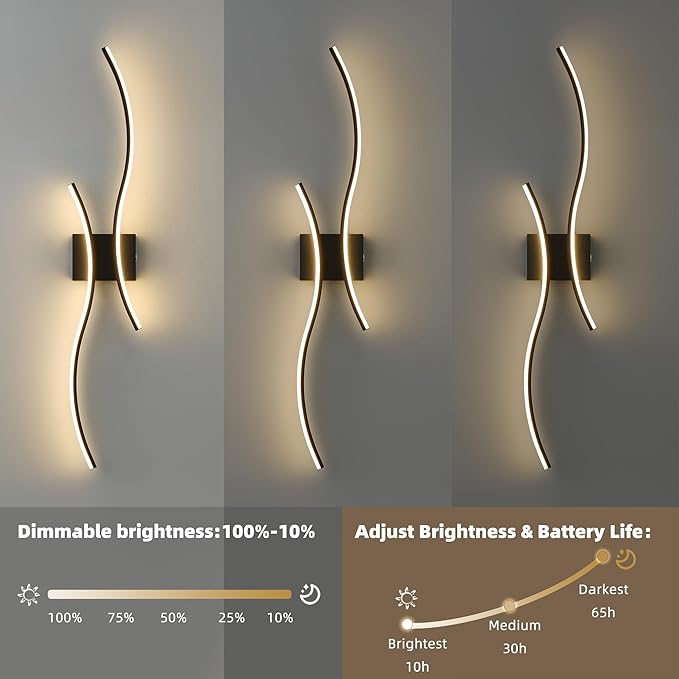 Battery Operated Wall Sconce Set of 2, Dimmable Modern LED Rechargeable Wall Light with Remote Control, Wall Decor for Living Room, Hallway, Quick Install, No Electrician Required