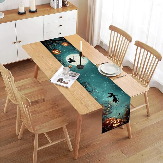 ANNA QUEEN Halloween Table Runner 13 x 72 Inch for Dining Table,Witch Pumpkin Table Runner for Halloween Table Decoration