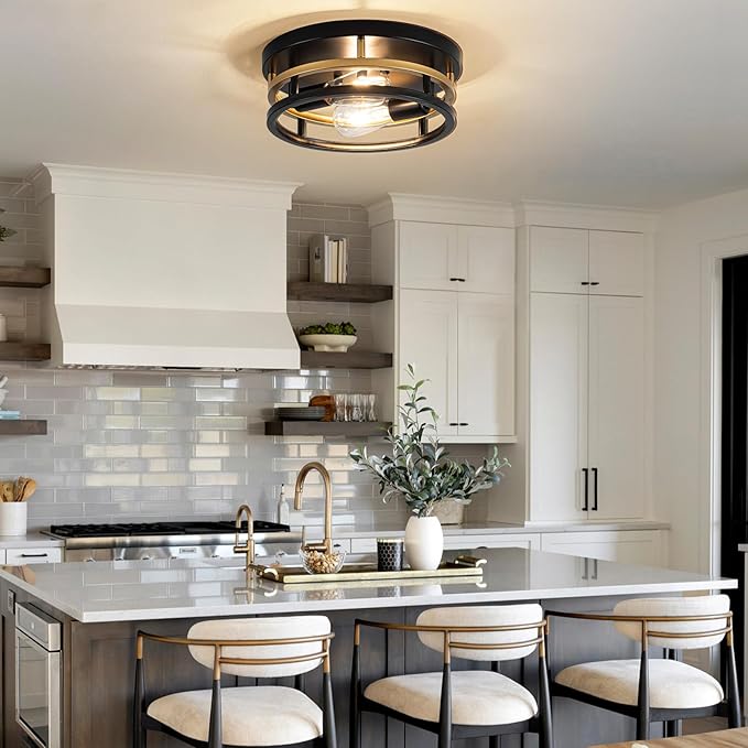 2 Light Industrial Ceiling Light Black Gold Semi Flush Mount Lights Close to Ceiling Light Fixtures,cage design Farmhouse Ceiling Lighting for Kitchen Bedroom Bathroom Foyer Hallway (E26, 1Pack)