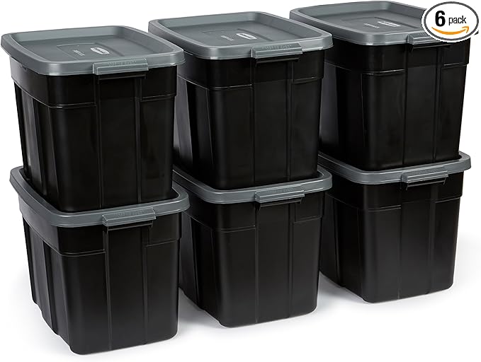 Rubbermaid 3-Pack Garage Storage Bins 18x12 Inch Heavy Duty Storage Bins, Large Capacity - USA Made Stackable Plastic Bins with Lids Black