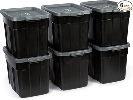 Rubbermaid 3-Pack Garage Storage Bins 18x12 Inch Heavy Duty Storage Bins, Large Capacity - USA Made Stackable Plastic Bins with Lids Black