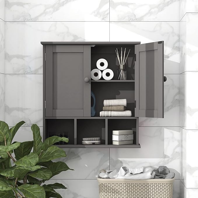 TaoHFE Grey Bathroom Cabinet with 2 Door Adjustable Shelves, Over The Toilet Storage, Wall Mounted Medicine Cabinet for Bathroom & Laundry Room