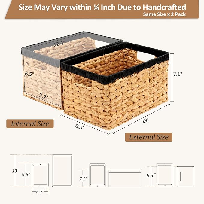 Wicker Storage Basket 2 Pack, Water Hyacinth Storage Baskets with Built-in Handles, Large Wicker Baskets for Storage & Organizing, Natural with Black
