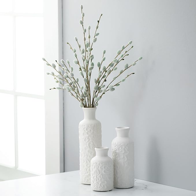 Sullivans Small White Embossed Ceramic Vase Set of 3, Matte Finish, Vases for Decor Modern Home Centerpieces, Mantle Tabletop for Living Room, Bedroom, Kitchen, Entryway Decor