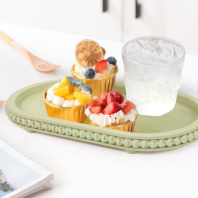 HPC Decor 15in Oval Tray for Home Decor - Green Wood Beaded Tray - Decorative Serving Tray,Rustic Farmhouse Wooden Trays for Vintage Centerpiece,Kitchen Counter,Living Room Decor,Coffee Table Decor.