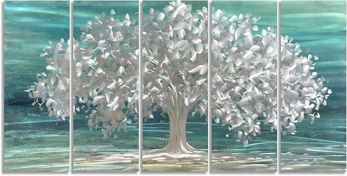 Yihui Arts Tree Of Life Metal Wall Art Handcrafted Aluminum Artwork Teal and Silver Abstract Nature Pictures in 5 Pieces for Living Room Bedroom Bathroom Decor