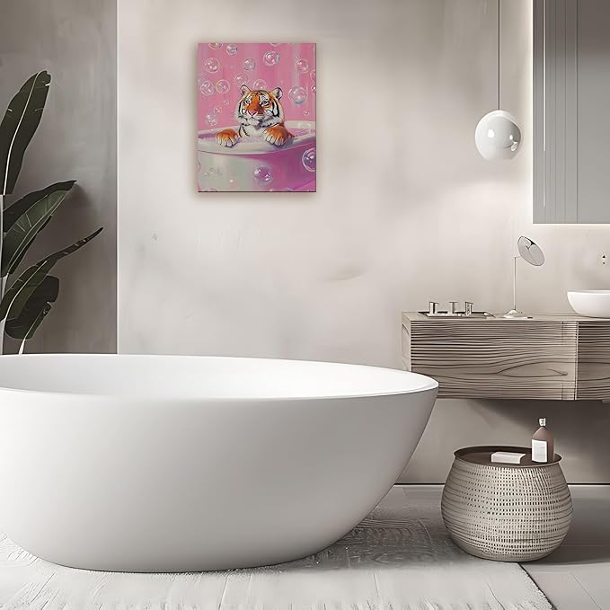 FITIE Trendy Bathing Tiger Bathroom Canvas Wall Art Poster, Pink Aesthetic Bubbles Tiger Framed Artwork Prints Wall Decor for Bathroom Half Bath Washroom, 11x14 Inch