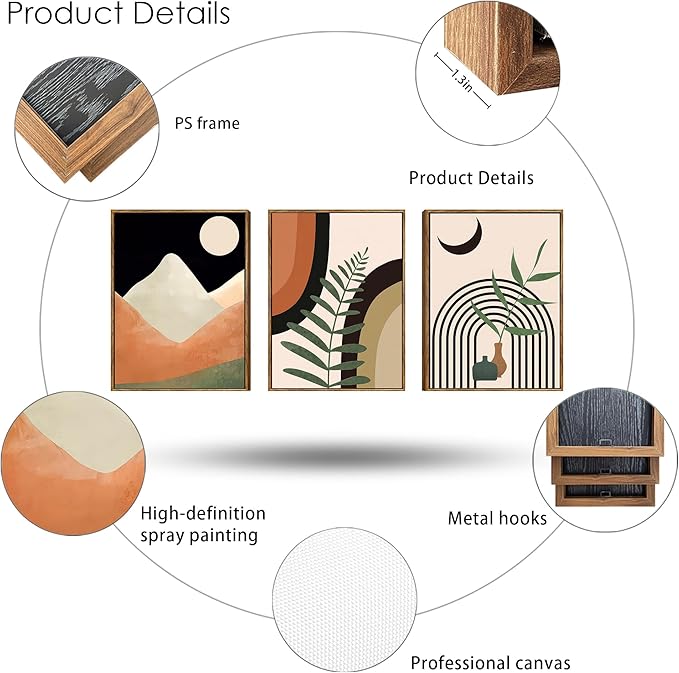 WRFON Boho Wall Art Set of 3 - Mid Century Modern Neutral Abstract Geometric Botanical Prints, Black and Beige Framed Canvas Wall Art for Living Room Decor, Ready to Hang, 12x16 inch