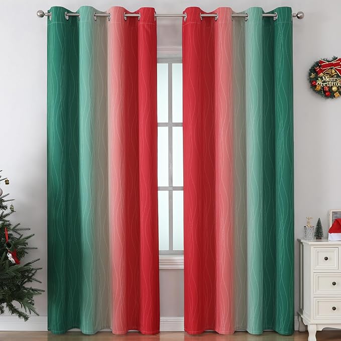 Estelar Textiler Red and Green Ombre Blackout Curtains for Sliding Door, Thermal Insulated Gradient Drapes 96 Inches Long, Full Light Blocking Curtains for Living Room/Bedroom, 52Wx96L, 2 Panels
