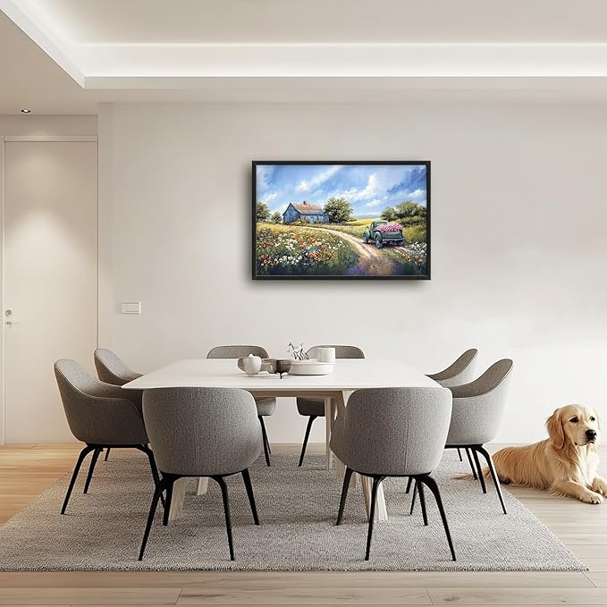 Flintis Large Farmhouse Barn Framed Wall Art Country Green Truck Flowers Pictures Wall Decor Abstract Canvas Painting Print Artworks Decor Framed for Living Room Bathroom Master Bedroom 36L X 24W