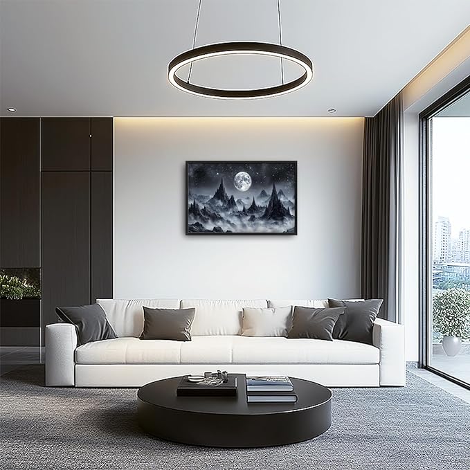 Olivine Mountain Large Wall Art, Moon Pictures Wall Decor, Nature Landscape Paintings, Night Mountains Canvas Prints, Framed Artwork for Dining Room Bedroom Living Room Office Bathroom Home 36"x24"