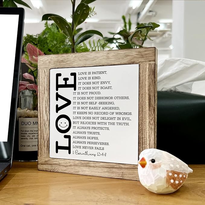 Loves Quote Wood Sign, Bible Verse Decor Art, Christian Home Decor for Living Room Bedroom, Couple Gift for Wedding Anniversary, Scripture Corinthians 13:4-8a Signs, Love is Patient Love is Kind Sign