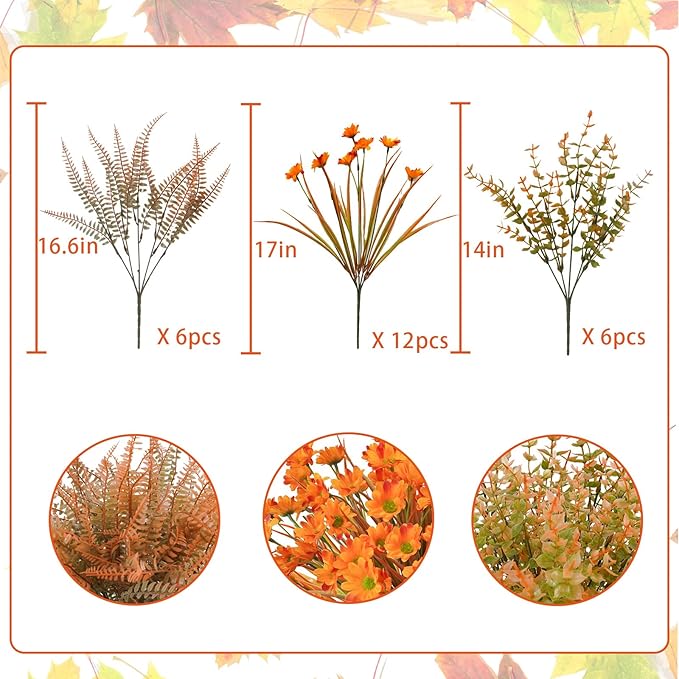 24 Pcs Artificial Fall Flowers for Outdoors Fake Fall Flowers UV Resistant Faux Fall Mums Plants Autumn Decor for Outside Home Planter Front Porch Garden