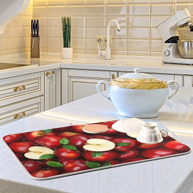 Leaves Red Apples Dish Drying Mat 16 X 18 Inch Natural Fresh Fruits Dry Dishes Pads Tableware Mats Absorbent Microfiber Protector for Kitchen Countertops Counter Home Decorations