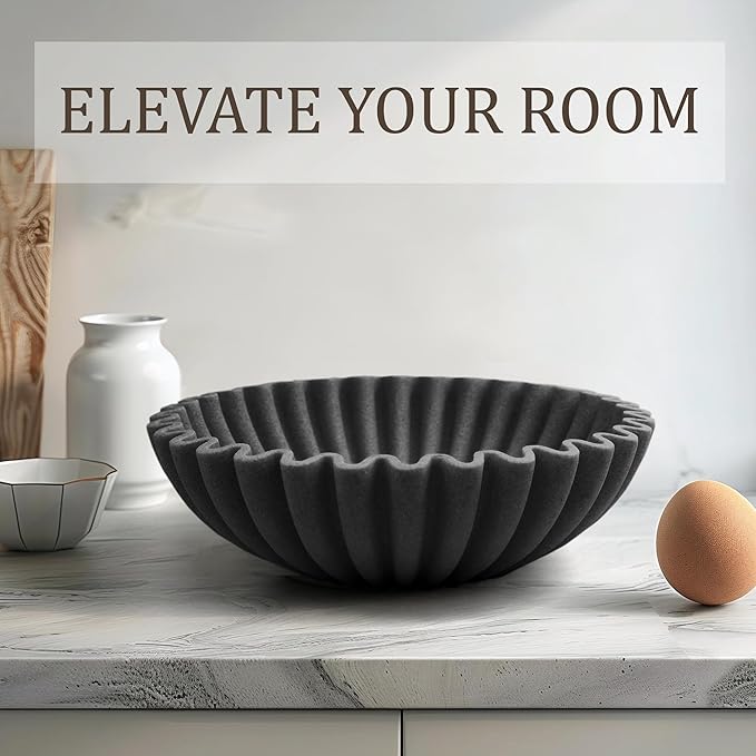 Ruffle Decorative Bowl, Large Fruit Bowl for Kitchen Counter, Stylish Key Bowl for Entry Table, Handcrafted Home Decor Display bowl, Artificial Stone Black