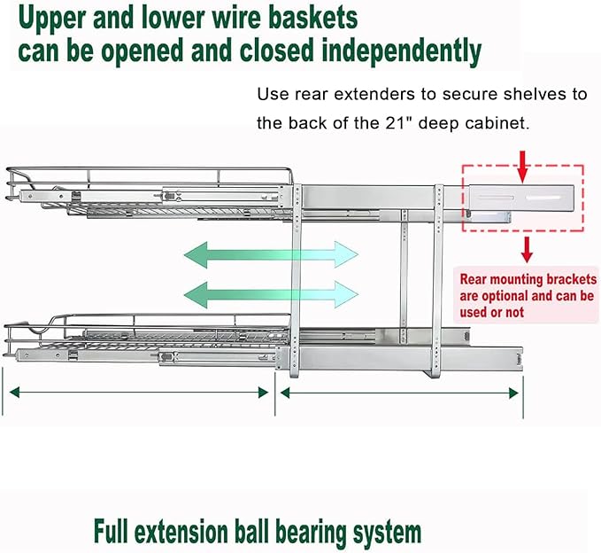 DINDON 2 Tier Pull Out Cabinet Organizer (17" W x 18" D) Heavy-Duty Metal Sliding Drawer Shelf, Two Tier Pull Out Shelves for Kitchen Cabinets, Pantry, Bathroom, Chrome Finish