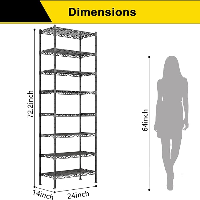 GIOTORENT 8-Wire Garage Shelving Storage Shelves, Kitchen Storage Adjustable Shelf, Metal Shelves 1600Lbs Capacity 24" Lx14 Wx72.2 H for Laundry Bathroom Pantry Closet, Black