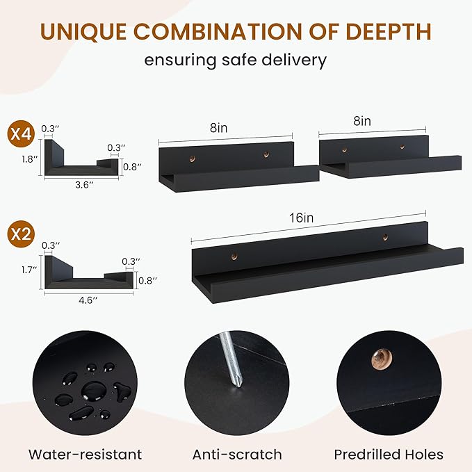 Axeman Picture Ledge Shelf, Floating Shelves for Wall Decor Storage Set of 6, 16 inch Floating Wall Mounted Shelves, Wall Shelves with Lip for Living Room, Bedroom, Nursery, Bathroom, Kitchen, Black