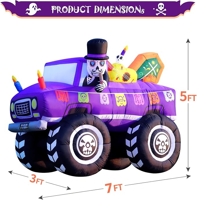 DomKom 7FT Halloween Inflatable Blow Up Decorations, Dia de Los Muertos Day of Dead Catrina Skulls Monster Truck, Built-in LEDs for Holiday Party, Garden, Lawn, Yard, Patio Décor