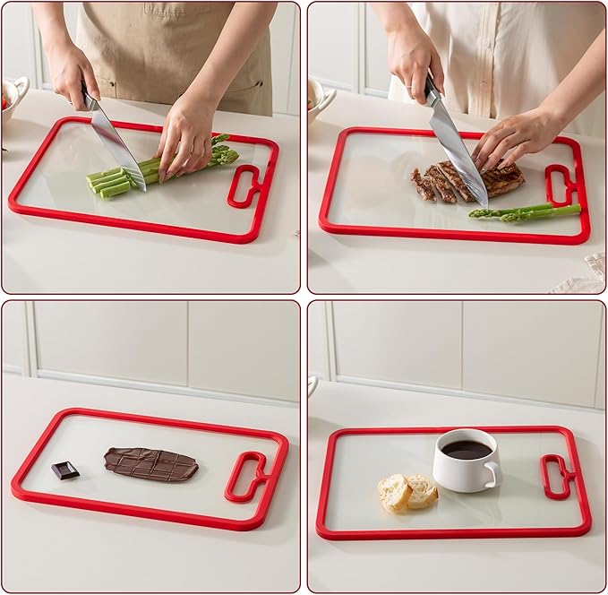 Tempered Glass Cutting Board for Kitchen Counter, Chopping Board with Non-Slip Edges, non toxic cutting board Set dishwasher safe, Heat & Shatter Resistant (Red 12.6"×8.6"）