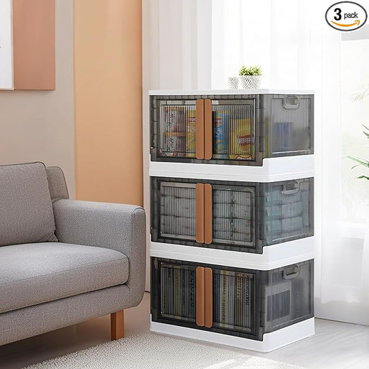 GCCSJ 76Qt Stackable Plastic Storage Boxes with Lids, Foldable Closet Organizers and Storage Containers with Wheels, Collapsible Storage Bins for Home Organization, 3 Pack Grey White