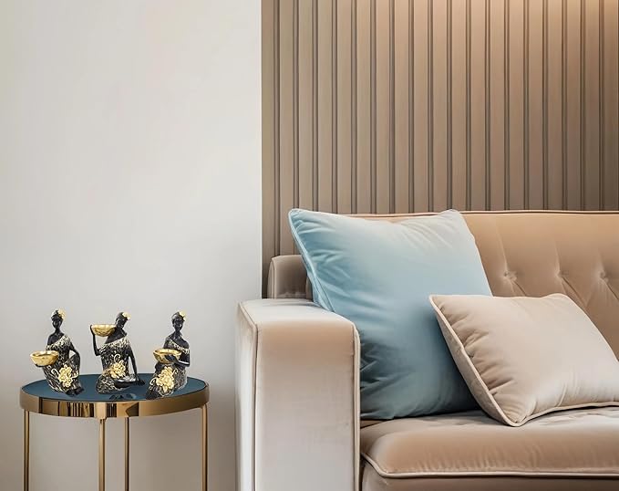 African Lady Candle Holder Set of 3 – Resin Figurines with Gold Bowls for Tea Light or Small Pillar Candles – Decorative African Women Statues for Home, Shelf, or Table Centerpiece