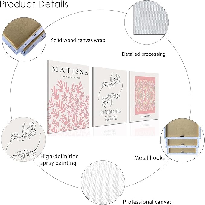 WRFON Pink Matisse Abstract Botanical Canvas Wall Art, Picasso Black Line Floral Poster Prints, Pink Flower Market Modern Elegant Aesthetic Pictures for Living Room Bedroom Framed 16"x24"x3