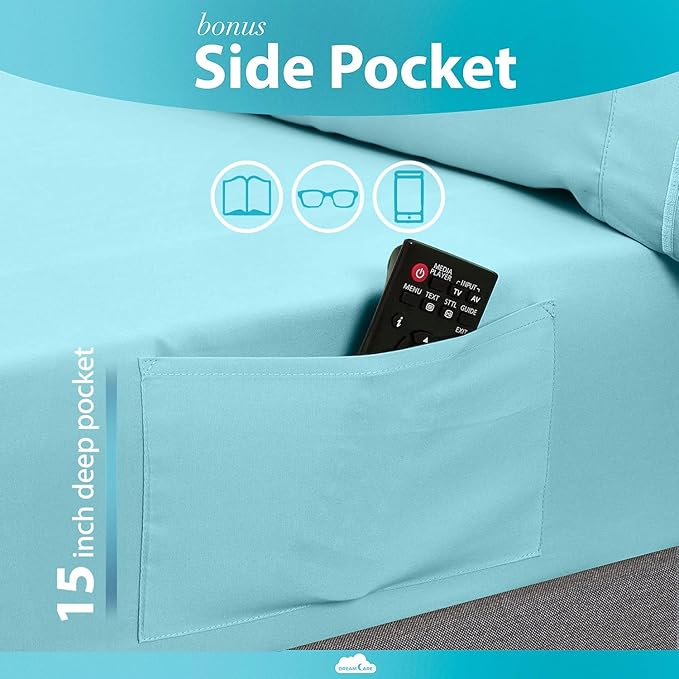 DREAMCARE Full Size Sheets Set - 6 Pcs Deep Pocket Cooling Bed Sheets - Soft, Long Lasting 100% Brushed Microfiber with Side Pocket (Spa Blue, Full)