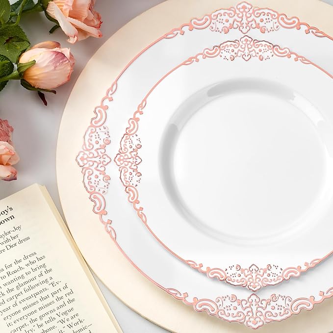 350PCS Rose Gold Plastic Plates for 50 Guests, Disposable Dinnerware Sets Include 100 Rose Gold Rim Plastic Plates, 50 Silverware and Cups, 50 Pre Rolled Napkins for Party, and Graduation