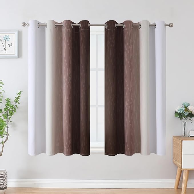Estelar Textiler Brown and Greyish White Blackout Curtains 45 Inch Length, Full Light Blocking Gradient Drapes for Kitchen, Thermal Insulated Grommet Ombre Curtains for Bathroom,52Wx45L,2 Panels