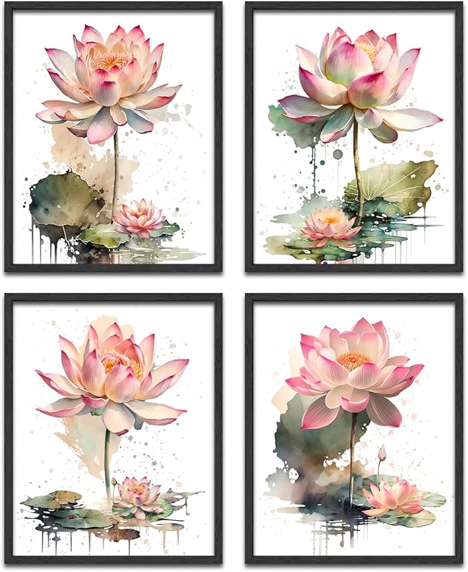 Lotus Floral Wall Art Prints,Pink Lotus Flower Canvas Wall Art,Watercolor Lotus Bloom Meditation Poster,Pink Lotus Zen Canvas Wall Art for Office Bathroom Room Decor Set of 4(8”X10”Unframed)
