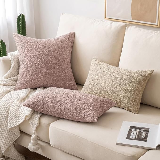MIULEE 18x18 Inch Decorative Pillow Covers for Couch Bed Set of 2 Textured Boucle Neutral Throw Pillows Pink Accent Solid Cushion Pillowcase Cozy Soft Sofa Livingroom Home Decor