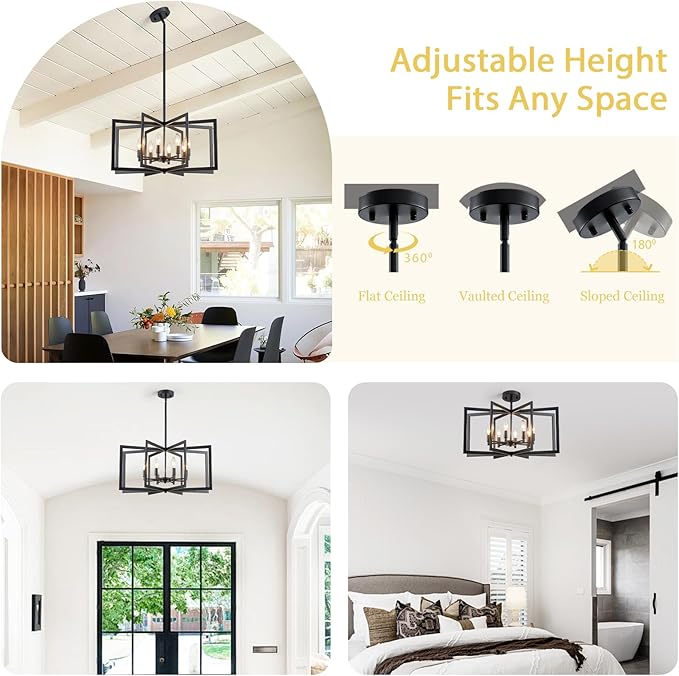 26'' Black Chandelier, Modern Farmhouse 8-Light Pendant Lighting Fixture for Dining Living Room Kitchen Entryway, Geometric Metal Large Adjustable Hanging Chandelier Lamp